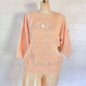 Vintage Grandmacore Sweater Peach Floral Cottagecore Flower Short Sleeves